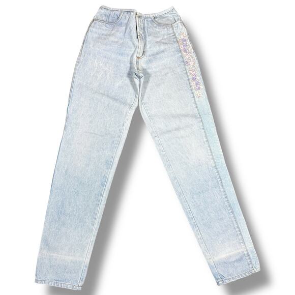 Vintage 90s Jeans 26x33 Straight Leg Floral Embroidery Corduroy Handmade Brazil - Picture 2 of 11